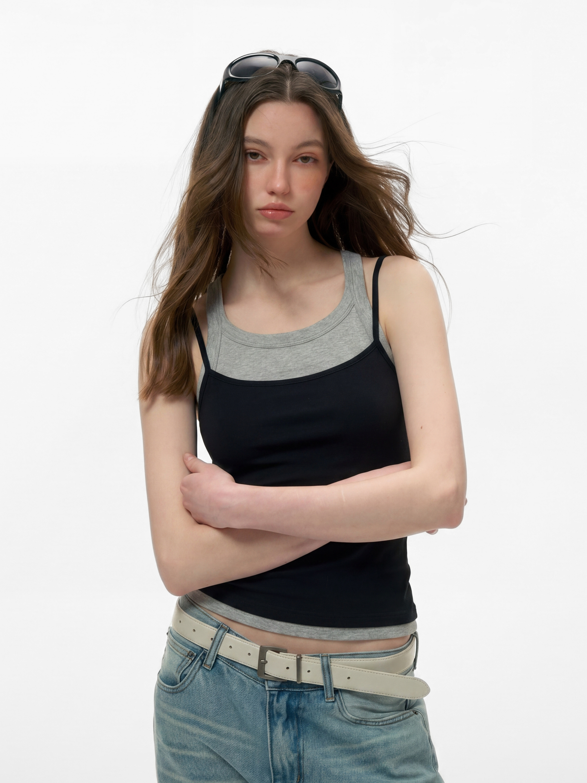 Caveveil - Women's Faux Two-Piece Ribbed Tank Top